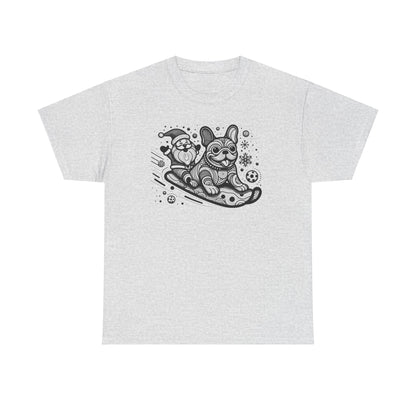 Frenchie sledding with Santa