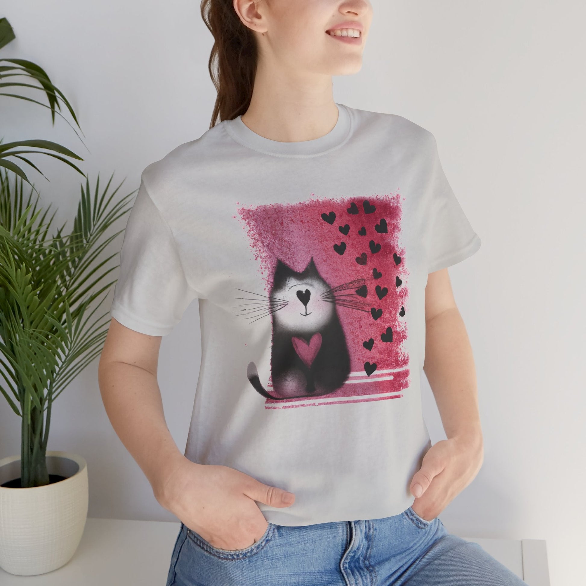 Cat Tee with Hearts - WhimsyInkWear