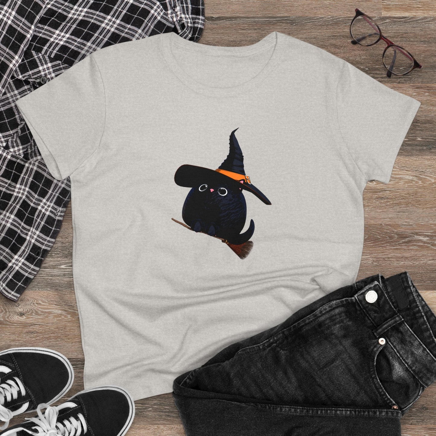 Halloween Kitty on a broom! - WhimsyInkWear