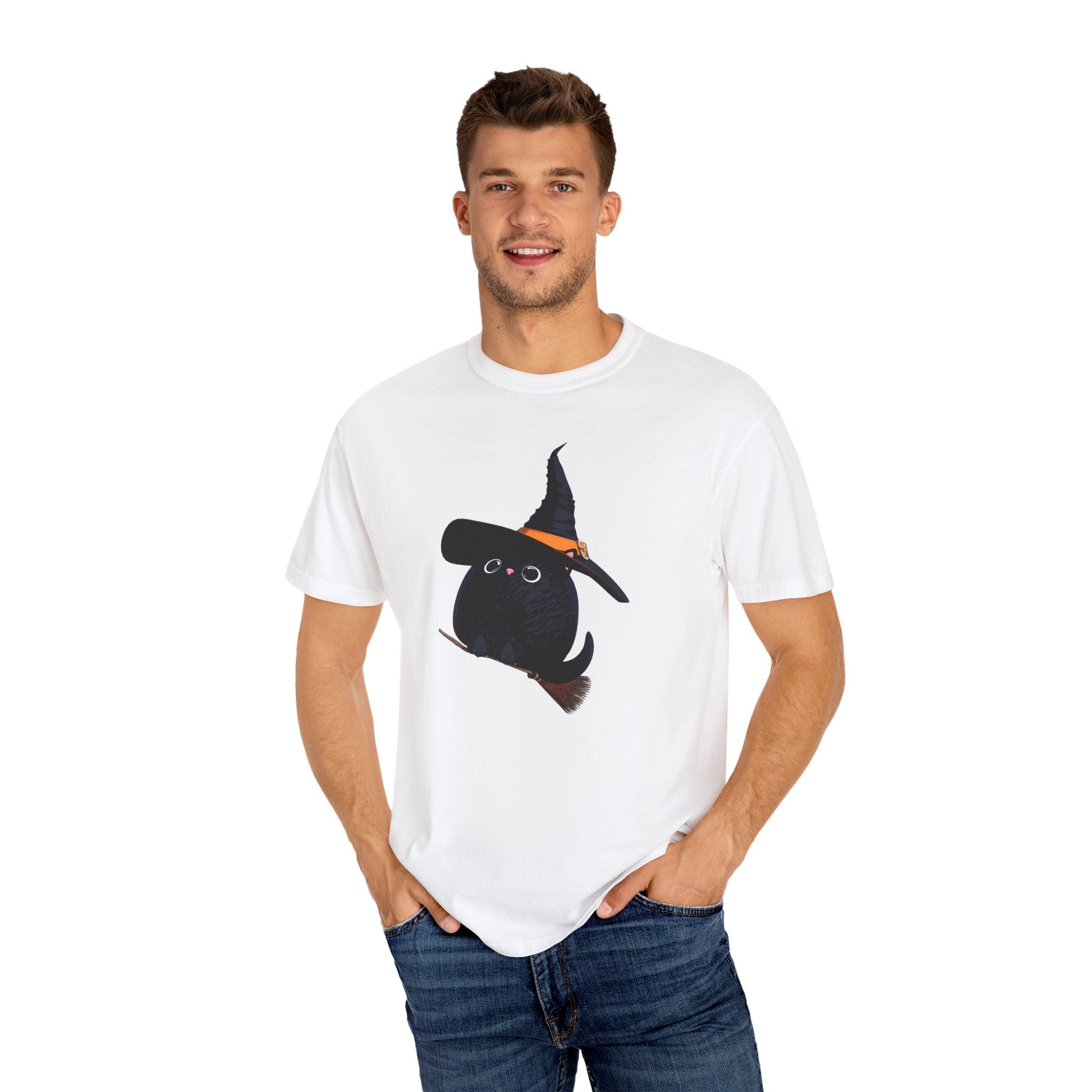 Halloween Kitty on a broom! - WhimsyInkWear